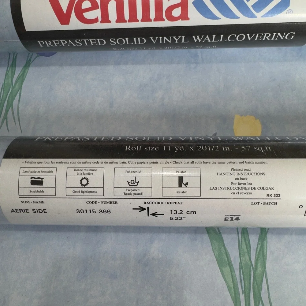 VTG NOS Venilia Blue Tulip Cottagecore Vinyl Wallpaper Prepasted 6 Rolls
